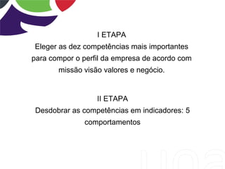 I ETAPA
Eleger as dez competências mais importantes
para compor o perfil da empresa de acordo com
       missão visão valores e negócio.


                  II ETAPA
 Desdobrar as competências em indicadores: 5
              comportamentos
 