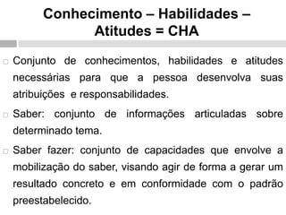 Conhecimento – Habilidades –
Atitudes = CHA
 Conjunto de conhecimentos, habilidades e atitudes
necessárias para que a pessoa desenvolva suas
atribuições e responsabilidades.
 Saber: conjunto de informações articuladas sobre
determinado tema.
 Saber fazer: conjunto de capacidades que envolve a
mobilização do saber, visando agir de forma a gerar um
resultado concreto e em conformidade com o padrão
preestabelecido.
 