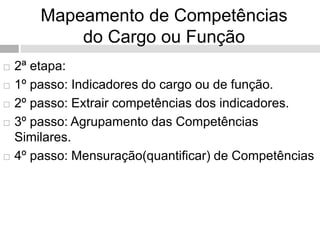 Mapeamento de Competências
do Cargo ou Função
 2ª etapa:
 1º passo: Indicadores do cargo ou de função.
 2º passo: Extrair competências dos indicadores.
 3º passo: Agrupamento das Competências
Similares.
 4º passo: Mensuração(quantificar) de Competências
 
