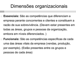 Dimensões organizacionais
 Essenciais: São as competências que diferenciam a
empresa perante concorrentes e clientes e constituem a
razão de sua sobrevivência. (Devem estar presentes em
todas as áreas, grupos e pessoas da organização,
embora em níveis diferenciados. )
 Funcionais: São as competências específicas de cada
uma das áreas vitais da empresa (vendas, produção,
por exemplo). (Estão presentes entre os grupos e
pessoas de cada área)
 