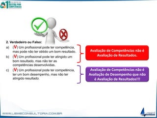 2. Verdadeiro ou Falso:
a) (V) Um profissional pode ter competência,
mas pode não ter obtido um bom resultado.
b) (V) Um profissional pode ter atingido um
bom resultado, mas não ter as
competências desenvolvidas.
c) (V) Um profissional pode ter competência,
ter um bom desempenho, mas não ter
atingido resultado.
Avaliação de Competências não é
Avaliação de Resultados.
Avaliação de Competências não é
Avaliação de Desempenho que não
é Avaliação de Resultados!!!
 