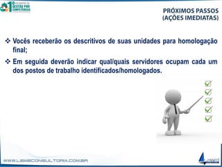 ❖ Vocês receberão os descritivos de suas unidades para homologação
final;
❖ Em seguida deverão indicar qual/quais servidores ocupam cada um
dos postos de trabalho identificados/homologados.
 