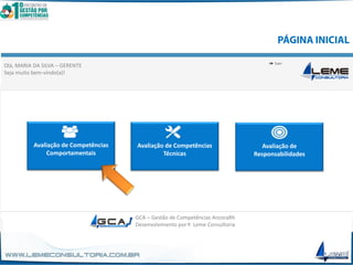 Selecione o ícone da Avaliação Comportamental
MENU PRINCIPAL
Avaliação de Competências
Comportamentais
Avaliação de Competências
Técnicas
Olá, MARIA DA SILVA – GERENTE
Seja muito bem-vindo(a)!
Avaliação de Competências
Comportamentais
Avaliação de Competências
Técnicas
Avaliação de
Responsabilidades
GCA – Gestão de Competências AncoraRh
Desenvolvimento por Leme Consultoria
 