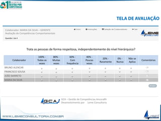Trata as pessoas de forma respeitosa, independentemente do nível hierárquico?
Colaborador
100% -
Todas as
vezes
80% -
Muitas
vezes
60% -
Com
frequência
40% -
Poucas
vezes
20% -
Raramente
0% -
Nunca
Não se
Aplica
Comentários
BRUNO ALENCAR
FRANCISCO SOUSA
JOÃO BARRETO
MARIA DA SILVA
Colaborador: MARIA DA SILVA – GERENTE
Avaliação de Competências Comportamentais
Questão 1 de 4
GCA – Gestão de Competências AncoraRh
Desenvolvimento por Leme Consultoria
 