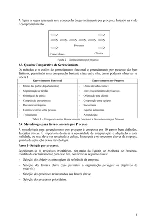 A figura a seguir apresenta uma concepção do gerenciamento por processo, baseado na visão
e comprometimento.




                                                   Processos


                             Fornecedores                             Clientes

                                     Figura 2 – Gerenciamento por processo
2.3. Quadro Comparativo de Gerenciamento
Os métodos e os estilos de gerenciamento funcional e gerenciamento por processo são bem
distintos, permitindo uma comparação bastante clara entre eles, como podemos observar na
tabela 1.
            Gerenciamento Funcional                                Gerenciamento por Processo

−   Ótimo das partes (departamentos)                    −   Ótimo do todo (cliente)
−   Segmentação de tarefas                              −   Inter-relacionamento de processos
−   Orientação de tarefas                               −   Orientação para cliente
−   Competição entre pessoas                            −   Cooperação entre equipes
−   Decisões hierárquicas                               −   Sociocracia
−   Controle externo sobre pessoas                      −   Equipes autônomas
−   Treinamento                                         −   Aprendizado
            Tabela 1 – Comparativa entre Gerenciamento Funcional e Gerenciamento por Processo
2.4. Metodologia para Gerenciamento por Processo
A metodologia para gerenciamento por processo é composta por 10 passos bem definidos,
descritos abaixo. É importante destacar a necessidade de interpretação e adaptação a cada
realidade, ou seja, deve ser respeitada a cultura, hierarquia e os processos chaves da empresa,
quanda da aplicação dessa metodologia.
Passo 1- Seleção por processo.
Selecionam-se os processos prioritários, por meio da Equipe de Melhoria de Processo,
constituída exclusivamente para esse fim, conforme as seguintes fases:
− Seleção dos objetivos estratégicos de referência da empresa;
− Seleção dos fatores chave (que permitem à organização perseguir os objetivos do
  negócio);
− Seleção dos processos relacionados aos fatores chave;
− Seleção dos processos prioritários.




                                                                                                4
 
