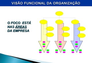 O FOCO ESTÁO FOCO ESTÁ
NASNAS ÁREASÁREAS
DA EMPRESADA EMPRESA
VISÃO FUNCIONAL DA ORGANIZAÇÃOVISÃO FUNCIONAL DA ORGANIZAÇÃO
 