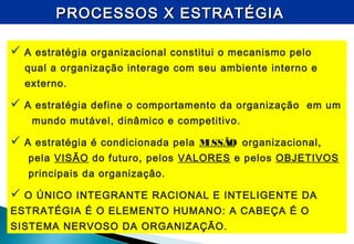  A estratégia organizacional constitui o mecanismo pelo
qual a organização interage com seu ambiente interno e
externo.
 A estratégia define o comportamento da organização em um
mundo mutável, dinâmico e competitivo.
 A estratégia é condicionada pela MISSÃO organizacional,
pela VISÃO do futuro, pelos VALORES e pelos OBJETIVOS
principais da organização.
 O ÚNICO INTEGRANTE RACIONAL E INTELIGENTE DA
ESTRATÉGIA É O ELEMENTO HUMANO: A CABEÇA É O
SISTEMA NERVOSO DA ORGANIZAÇÃO.
PROCESSOS X ESTRATÉGIAPROCESSOS X ESTRATÉGIA
 