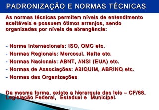 PADRONIZAÇÃO E NORMAS TÉCNICASPADRONIZAÇÃO E NORMAS TÉCNICAS
As normas técnicas permitem níveis de entendimentoAs normas técnicas permitem níveis de entendimento
aceitáveis e possuem ótimos arranjos, sendoaceitáveis e possuem ótimos arranjos, sendo
organizadas por níveis de abrangência:organizadas por níveis de abrangência:
- Norma Internacionais: ISO, OMC etc.Norma Internacionais: ISO, OMC etc.
- Normas Regionais: Mercosul, Nafta etc.Normas Regionais: Mercosul, Nafta etc.
- Normas Nacionais: ABNT, ANSI (EUA) etc.Normas Nacionais: ABNT, ANSI (EUA) etc.
- Normas de Associações: ABIQUIM, ABRINQ etc.Normas de Associações: ABIQUIM, ABRINQ etc.
- Normas das OrganizaçõesNormas das Organizações
Da mesma forma, existe a hierarquia das leis – CF/88,Da mesma forma, existe a hierarquia das leis – CF/88,
Legislação Federal, Estadual e Municipal.Legislação Federal, Estadual e Municipal.
 