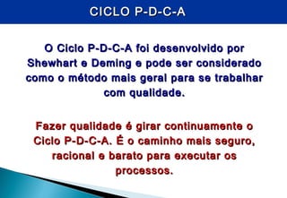 CICLO P-D-C-ACICLO P-D-C-A
O Ciclo P-D-C-A foi desenvolvido porO Ciclo P-D-C-A foi desenvolvido por
Shewhart e Deming e pode ser consideradoShewhart e Deming e pode ser considerado
como o método mais geral para se trabalharcomo o método mais geral para se trabalhar
com qualidade.com qualidade.
Fazer qualidade é girar continuamente oFazer qualidade é girar continuamente o
Ciclo P-D-C-A. É o caminho mais seguro,Ciclo P-D-C-A. É o caminho mais seguro,
racional e barato para executar osracional e barato para executar os
processos.processos.
 