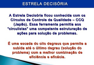 ESTRELA DECISÓRIAESTRELA DECISÓRIA
A Estrela Decisória ficou conhecida com osA Estrela Decisória ficou conhecida com os
Círculos de Controle da Qualidade – CCQCírculos de Controle da Qualidade – CCQ
(Japão). Essa ferramenta permitia aos(Japão). Essa ferramenta permitia aos
“circulistas” uma competente estruturação de“circulistas” uma competente estruturação de
ações para solução de problemas.ações para solução de problemas.
É uma escada do oito degraus que permite aÉ uma escada do oito degraus que permite a
subida até o último degrau (solução dosubida até o último degrau (solução do
problema) com a melhor combinação deproblema) com a melhor combinação de
eficiência e eficácia.eficiência e eficácia.
 