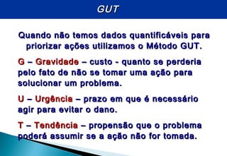 GUTGUT
Quando não temos dados quantificáveis paraQuando não temos dados quantificáveis para
priorizar ações utilizamos o Método GUT.priorizar ações utilizamos o Método GUT.
GG –– GravidadeGravidade – custo - quanto se perderia– custo - quanto se perderia
pelo fato de não se tomar uma ação parapelo fato de não se tomar uma ação para
solucionar um problema.solucionar um problema.
UU –– UrgênciaUrgência – prazo em que é necessário– prazo em que é necessário
agir para evitar o dano.agir para evitar o dano.
TT –– TendênciaTendência – propensão que o problema– propensão que o problema
poderá assumir se a ação não for tomada.poderá assumir se a ação não for tomada.
 