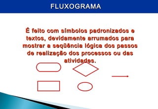 FLUXOGRAMAFLUXOGRAMA
É feito com símbolos padronizados eÉ feito com símbolos padronizados e
textos, devidamente arrumados paratextos, devidamente arrumados para
mostrar a seqüência lógica dos passosmostrar a seqüência lógica dos passos
de realização dos processos ou dasde realização dos processos ou das
atividades.atividades.
 