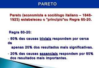 PARETOPARETO
Pareto (economista e sociólogo italiano – 1848-Pareto (economista e sociólogo italiano – 1848-
1923) estabeleceu o “princípio”ou Regra 80-20.1923) estabeleceu o “princípio”ou Regra 80-20.
Regra 80-20:Regra 80-20:
- 80% das causas80% das causas triviaistriviais respondem por cercarespondem por cerca
dede
apenas 20% dos resultados mais significativas.apenas 20% dos resultados mais significativas.
- 20% das causas20% das causas essenciaisessenciais respondem por 80%respondem por 80%
dos resultados mais importantes.dos resultados mais importantes.
 