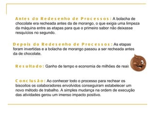 Antes do Redesenho de Processos:  A bolacha de chocolate era recheada antes da de morango, o que exigia uma limpeza da máquina entre as etapas para que o primeiro sabor não deixasse resquícios no segundo.  Depois do Redesenho de Processos:  As etapas foram invertidas e a bolacha de morango passou a ser recheada antes da de chocolate. Resultado:  Ganho de tempo e economia de milhões de reais. Conclusão:  Ao conhecer todo o processo para rechear os biscoitos os colaboradores envolvidos conseguiram estabelecer um novo método de trabalho. A simples mudança na ordem de execução das atividades gerou um imenso impacto positivo. 