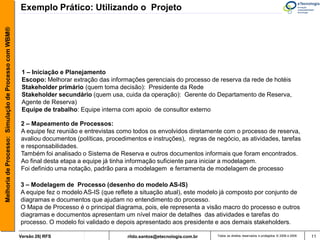 Melhoria de Processo: Simulação de Processo com WBM®   Exemplo Prático: Utilizando o Projeto




                                                        1 – Iniciação e Planejamento
                                                        Escopo: Melhorar extração das informações gerenciais do processo de reserva da rede de hotéis
                                                        Stakeholder primário (quem toma decisão): Presidente da Rede
                                                        Stakeholder secundário (quem usa, cuida da operação): Gerente do Departamento de Reserva,
                                                        Agente de Reserva)
                                                        Equipe de trabalho: Equipe interna com apoio de consultor externo

                                                       2 – Mapeamento de Processos:
                                                       A equipe fez reunião e entrevistas como todos os envolvidos diretamente com o processo de reserva,
                                                       avaliou documentos (políticas, procedimentos e instruções), regras de negócio, as atividades, tarefas
                                                       e responsabilidades.
                                                       Também foi analisado o Sistema de Reserva e outros documentos informais que foram encontrados.
                                                       Ao final desta etapa a equipe já tinha informação suficiente para iniciar a modelagem.
                                                       Foi definido uma notação, padrão para a modelagem e ferramenta de modelagem de processo

                                                       3 – Modelagem de Processo (desenho do modelo AS-IS)
                                                       A equipe fez o modelo AS-IS (que reflete a situação atual), este modelo já composto por conjunto de
                                                       diagramas e documentos que ajudam no entendimento do processo.
                                                       O Mapa de Processo é o principal diagrama, pois, ele representa a visão macro do processo e outros
                                                       diagramas e documentos apresentam um nível maior de detalhes das atividades e tarefas do
                                                       processo. O modelo foi validado e depois apresentado aos presidente e aos demais stakeholders.

                                                       Versão 26| RFS                        rildo.santos@etecnologia.com.br   Todos os direitos reservados e protegidos © 2006 e 2009   11
 