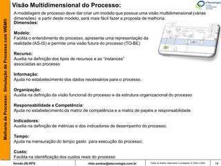 Visão Multidimensional do Processo:
                                                       A modelagem de processo deve dar criar um modelo que possua uma visão multidimensional (várias
                                                       dimensões) e partir deste modelo, será mais fácil fazer a proposta de melhoria.
Melhoria de Processo: Simulação de Processo com WBM®



                                                       Dimensões:

                                                       Modelo:
                                                       Facilita o entendimento do processo, apresenta uma representação da
                                                       realidade (AS-IS) e permite uma visão futura do processo (TO-BE)

                                                       Recurso:
                                                       Auxilia na definição dos tipos de recursos e as “instances”
                                                       associadas ao processo

                                                       Informação:
                                                       Ajuda no estabelecimento dos dados necessários para o processo.

                                                       Organização:
                                                       Auxilia na definição da visão funcional do processo e da estrutura organizacional do processo

                                                       Responsabilidade e Competência:
                                                       Ajuda no estabelecimento da matriz de competência e a matriz de papéis e responsabilidade

                                                       Indicadores:
                                                       Auxilia na definição de métricas e dos indicadores de desempenho do processo;

                                                       Tempo:
                                                       Ajuda na mensuração do tempo gasto para execução do processo;

                                                       Custo:
                                                       Facilita na identificação dos custos reais do processo
                                                       Versão 26| RFS                         rildo.santos@etecnologia.com.br   Todos os direitos reservados e protegidos © 2006 e 2009   18
 