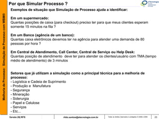 Por que Simular Processo ?
                                                        Exemplos de situação que Simulação de Processo ajuda a identificar:
Melhoria de Processo: Simulação de Processo com WBM®



                                                        Em um supermercado:
                                                        Quantas posições de caixa (para checkout) preciso ter para que meus clientes esperam
                                                        somente 15 minutos na fila ?

                                                        Em um Banco (agência de um banco):
                                                        Quantas caixa eletrônicos devemos ter na agência para atender uma demanda de 80
                                                        pessoas por hora ?

                                                        Em Central de Atendimento, Call Center, Central de Serviço ou Help Desk:
                                                        Quantas posição de atendimento deve ter para atender os clientes/usuário com TMA (tempo
                                                        médio de atendimento) de 3 minutos


                                                        Setores que já utilizam a simulação como a principal técnica para a melhoria de
                                                        processo:
                                                        - Logística e Cadeia de Suprimento
                                                        - Produção e Manufatura
                                                        - Segurança
                                                        - Mineração
                                                        - Siderurgia
                                                        - Papel e Celulose
                                                        - Serviços
                                                        - Etc...
                                                       Versão 26| RFS                   rildo.santos@etecnologia.com.br   Todos os direitos reservados e protegidos © 2006 e 2009   23
 