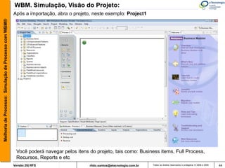 WBM. Simulação, Visão do Projeto:
                                                       Após a importação, abra o projeto, neste exemplo: Project1
Melhoria de Processo: Simulação de Processo com WBM®




                                                        Você poderá navegar pelos itens do projeto, tais como: Business items, Full Process,
                                                        Recursos, Reports e etc
                                                       Versão 26| RFS                   rildo.santos@etecnologia.com.br   Todos os direitos reservados e protegidos © 2006 e 2009   44
 