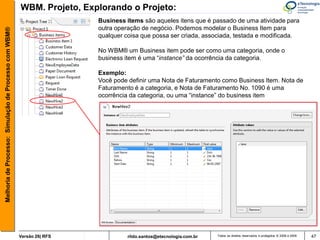 WBM. Projeto, Explorando o Projeto:
                                                                        Business items são aqueles itens que é passado de uma atividade para
                                                                        outra operação de negócio. Podemos modelar o Business Item para
Melhoria de Processo: Simulação de Processo com WBM®



                                                                        qualquer coisa que possa ser criada, associada, testada e modificada.

                                                                        No WBM® um Business item pode ser como uma categoria, onde o
                                                                        business item é uma “instance” da ocorrência da categoria.

                                                                        Exemplo:
                                                                        Você pode definir uma Nota de Faturamento como Business Item. Nota de
                                                                        Faturamento é a categoria, e Nota de Faturamento No. 1090 é uma
                                                                        ocorrência da categoria, ou uma “instance” do business item




                                                       Versão 26| RFS             rildo.santos@etecnologia.com.br   Todos os direitos reservados e protegidos © 2006 e 2009   47
 
