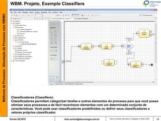 Melhoria de Processo: Simulação de Processo com WBM®   WBM. Projeto, Exemplo Classifiers




                                                        Classificadores (Classifiers):
                                                        Classificadores permitem categorizar tarefas e outros elementos do processo para que você possa
                                                        otimizar seus processos e de fácil reconhecer elementos com um determinado conjunto de
                                                        características. Você pode usar classificadores predefinidos ou definir seus classificadores e
                                                        valores próprios classificador.

                                                       Versão 26| RFS                     rildo.santos@etecnologia.com.br   Todos os direitos reservados e protegidos © 2006 e 2009   54
 