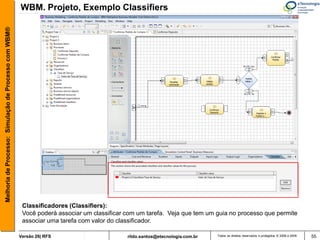 Melhoria de Processo: Simulação de Processo com WBM®   WBM. Projeto, Exemplo Classifiers




                                                        Classificadores (Classifiers):
                                                        Você poderá associar um classificar com um tarefa. Veja que tem um guia no processo que permite
                                                        associar uma tarefa com valor do classificador.

                                                       Versão 26| RFS                       rildo.santos@etecnologia.com.br   Todos os direitos reservados e protegidos © 2006 e 2009   55
 