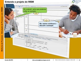 Melhoria de Processo: Simulação de Processo com WBM®   Entendo o projeto do WBM


                                                                        Ok, entendi...acho que podemos
                                                                        voltar ao exemplo..




                                                                                               Ok, vamos continuar a
                                                                                               discutir o exemplo




                                                       Versão 26| RFS              rildo.santos@etecnologia.com.br   Todos os direitos reservados e protegidos © 2006 e 2009   56
 