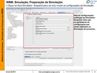 WBM. Simulação, Preparação da Simulação:
                                                       > Clique na Guia Simulation Snapshot para ver e/ou mudar as configurações da Simulação:
Melhoria de Processo: Simulação de Processo com WBM®




                                                                                                                                           Veja as configurações
                                                                                                                                           (settings) da Simulation
                                                                                                                                           Snapshot. Eles são
                                                                                                                                           os parâmetros de
                                                                                                                                           configuração que
                                                                                                                                           serão utilizados na
                                                                                                                                           Simulação do processo.




                                                       Versão 26| RFS                  rildo.santos@etecnologia.com.br   Todos os direitos reservados e protegidos © 2006 e 2009   61
 