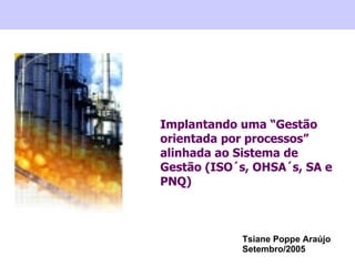 Implantando uma “Gestão orientada por processos” alinhada ao Sistema de Gestão (ISO´s, OHSA´s, SA e PNQ) Tsiane Poppe Araújo Setembro/2005 