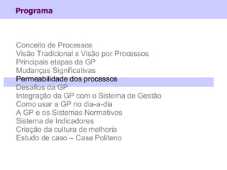 Programa Conceito de Processos Visão Tradicional x Visão por Processos Principais etapas da GP Mudanças Significativas Per...