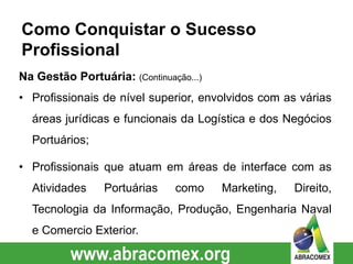 Na Gestão Portuária: (Continuação...)
• Profissionais de nível superior, envolvidos com as várias
áreas jurídicas e funcionais da Logística e dos Negócios
Portuários;
• Profissionais que atuam em áreas de interface com as
Atividades Portuárias como Marketing, Direito,
Tecnologia da Informação, Produção, Engenharia Naval
e Comercio Exterior.
Como Conquistar o Sucesso
Profissional
 