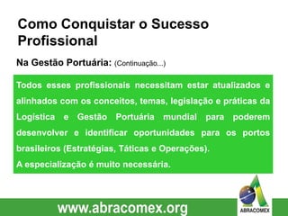 Na Gestão Portuária: (Continuação...)
Como Conquistar o Sucesso
Profissional
Todos esses profissionais necessitam estar atualizados e
alinhados com os conceitos, temas, legislação e práticas da
Logística e Gestão Portuária mundial para poderem
desenvolver e identificar oportunidades para os portos
brasileiros (Estratégias, Táticas e Operações).
A especialização é muito necessária.
 