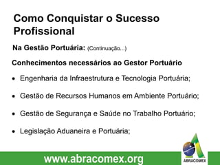 Conhecimentos necessários ao Gestor Portuário
 Engenharia da Infraestrutura e Tecnologia Portuária;
 Gestão de Recursos Humanos em Ambiente Portuário;
 Gestão de Segurança e Saúde no Trabalho Portuário;
 Legislação Aduaneira e Portuária;
Como Conquistar o Sucesso
Profissional
Na Gestão Portuária: (Continuação...)
 