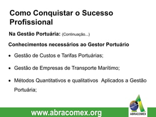 Conhecimentos necessários ao Gestor Portuário
 Gestão de Custos e Tarifas Portuárias;
 Gestão de Empresas de Transporte Marítimo;
 Métodos Quantitativos e qualitativos Aplicados a Gestão
Portuária;
Como Conquistar o Sucesso
Profissional
Na Gestão Portuária: (Continuação...)
 