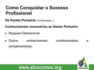 Conhecimentos necessários ao Gestor Portuário
 Pesquisa Operacional;
 Outros conhecimentos correlacionados e
complementares.
Como Conquistar o Sucesso
Profissional
Na Gestão Portuária: (Continuação...)
 