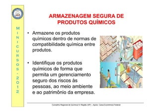 ARMAZENAGEM SEGURA DEARMAZENAGEM SEGURA DE
MM
G S GUG S GU
PRODUTOS QUÍMICOSPRODUTOS QUÍMICOS
ii
nn
ii
• Armazene os produtos
químicos dentro de normas de
tibilid d í i tcc
uu
rr
compatibilidade química entre
produtos.
rr
ss
oo
ss
• Identifique os produtos
químicos de forma quess
--
22
00
químicos de forma que
permita um gerenciamento
seguro dos riscos às00
11
22
seguro dos riscos às
pessoas, ao meio ambiente
e ao patrimônio da empresa.
Conselho Regional de Química IV Região (SP) – Apoio: Caixa Econômica Federal
p p
 