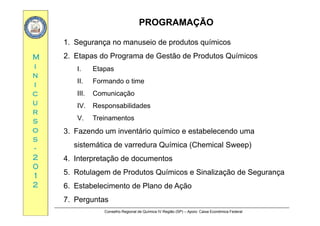 PROGRAMAÇÃOPROGRAMAÇÃO
MM
1. Segurança no manuseio de produtos químicos
2. Etapas do Programa de Gestão de Produtos Químicos
ii
nn
ii
I. Etapas
II. Formando o time
cc
uu
rr
III. Comunicação
IV. Responsabilidades
rr
ss
oo
ss
V. Treinamentos
3. Fazendo um inventário químico e estabelecendo uma
ss
--
22
00
sistemática de varredura Química (Chemical Sweep)
4. Interpretação de documentos
00
11
22
5. Rotulagem de Produtos Químicos e Sinalização de Segurança
6. Estabelecimento de Plano de Ação
Conselho Regional de Química IV Região (SP) – Apoio: Caixa Econômica Federal
7. Perguntas
 