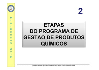 22
MM
22
ii
nn
ii ETAPASETAPAS
cc
uu
rr
DO PROGRAMA DEDO PROGRAMA DE
ÃÃ
rr
ss
oo
ss
GESTÃO DE PRODUTOSGESTÃO DE PRODUTOS
QUÍMICOSQUÍMICOSss
--
22
00
QUÍMICOSQUÍMICOS
00
11
22
Conselho Regional de Química IV Região (SP) – Apoio: Caixa Econômica Federal
 