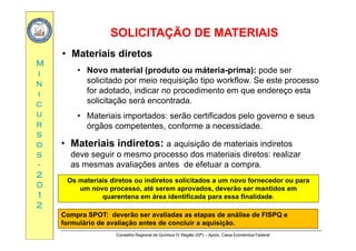 SOLICITAÇÃO DE MATERIAISSOLICITAÇÃO DE MATERIAIS
MM
• Materiais diretos
No o material (prod to o máteria prima) pode serii
nn
ii
• Novo material (produto ou máteria-prima): pode ser
solicitado por meio requisição tipo workflow. Se este processo
for adotado, indicar no procedimento em que endereço esta
cc
uu
rr
solicitação será encontrada.
• Materiais importados: serão certificados pelo governo e seus
órgãos competentes conforme a necessidaderr
ss
oo
ss
órgãos competentes, conforme a necessidade.
• Materiais indiretos: a aquisição de materiais indiretos
deve seguir o mesmo processo dos materiais diretos: realizarss
--
22
00
deve seguir o mesmo processo dos materiais diretos: realizar
as mesmas avaliações antes de efetuar a compra.
Os materiais diretos ou indiretos solicitados a um novo fornecedor ou para
00
11
22
Os materiais diretos ou indiretos solicitados a um novo fornecedor ou para
um novo processo, até serem aprovados, deverão ser mantidos em
quarentena em área identificada para essa finalidade.
Conselho Regional de Química IV Região (SP) – Apoio: Caixa Econômica Federal
Compra SPOT:Compra SPOT: deverão ser avaliadas as etapas de análise de FISPQ e
formulário de avaliação antes de concluir a aquisição.
 