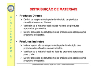 DISTRIBUIÇÃO DE MATERIAISDISTRIBUIÇÃO DE MATERIAIS
MM
• Produtos Diretos
 D fi i á i l di t ib i ã d d t
ÇÇ
ii
nn
ii
 Definir os responsáveis pela distribuição de produtos
classificados como diretos.
 Verificar se o material está listado na lista de produtos
cc
uu
rr
p
aprovados para o site.
 Definir processo de rotulagem dos produtos de acordo como
programa de gestãorr
ss
oo
ss
programa de gestão.
• Produtos Indiretosss
--
22
00
Produtos Indiretos
 Indicar quem são os responsáveis pela distribuição dos
produtos classificados como indiretos.
00
11
22
 Verificar se o material está na lista de produtos aprovados
para o site.
 Definir processo de rotulagem dos produtos de acordo como
Conselho Regional de Química IV Região (SP) – Apoio: Caixa Econômica Federal
 Definir processo de rotulagem dos produtos de acordo como
programa de gestão.
 