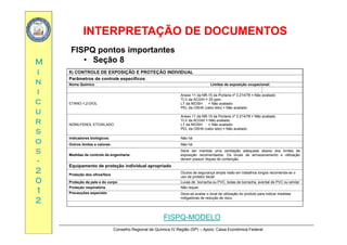 INTERPRETAÇÃO DE DOCUMENTOSINTERPRETAÇÃO DE DOCUMENTOS
MM
FISPQ pontos importantes
• Seção 8
ii
nn
ii
8) CONTROLE DE EXPOSIÇÃO E PROTEÇÃO INDIVIDUAL
Parâmetros de controle específicos
Nome Químico Limites de exposição ocupacional:
Anexo 11 da NR 15 da Portaria nº 3 214/78 = Não avaliado
cc
uu
rr
ETANO-1,2-DIOL
Anexo 11 da NR-15 da Portaria nº 3.214/78 = Não avaliado
TLV da ACGIH = 25 ppm
LT da NIOSH = Não avaliado
PEL da OSHA (valor teto) = Não avaliado
Anexo 11 da NR-15 da Portaria nº 3.214/78 = Não avaliado
TLV da ACGIH = Não avaliado
rr
ss
oo
ss
NONILFENOL ETOXILADO LT da NIOSH = Não avaliado
PEL da OSHA (valor teto) = Não avaliado
Indicadores biológicos: Não há
Outros limites e valores: Não há
Deve ser mantida uma ventilação adequada abaixo dos limites dess
--
22
00
Medidas de controle de engenharia:
Deve ser mantida uma ventilação adequada abaixo dos limites de
exposição recomendados. Os locais de armazenamento e utilização
devem possuir diques de contenção.
Equipamento de proteção individual apropriado
Proteção dos olhos/face
Óculos de segurança ampla visão em trabalhos longos recomenda-se o
uso de protetor facial
00
11
22
p
Proteção da pele e do corpo Luvas de borracha ou PVC, botas de borracha, avental de PVC ou similar
Proteção respiratória Não requer
Precauções especiais: Deve-se avaliar o local de utilização do produto para indicar medidas
mitigadoras de redução de risco.
Conselho Regional de Química IV Região (SP) – Apoio: Caixa Econômica Federal
FISPQ-MODELO
 