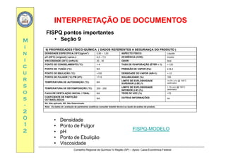 INTERPRETAÇÃO DE DOCUMENTOSINTERPRETAÇÃO DE DOCUMENTOS
MM
FISPQ pontos importantes
• Seção 9
ii
nn
ii
9) PROPRIEDADES FÍSICO-QUÍMICA ( DADOS REFERENTES A SEGURANÇA DO PRODUTO )
DENSIDADE ESPECÍFICA (16°C)(g/cm3
): 0,90 – 1,00 ASPECTO FÍSICO: Líquido
pH (25°C) (original) ( aprox.): 6,0 – 7,5 APARÊNCIA (COR): Incolor
VISCOSIDADE (20°C) (mPa.S): 20 - 30 ODOR: leve
cc
uu
rr
( ) ( )
PONTO DE CONGELAMENTO (°C): <-4 TAXA DE EVAPORAÇÃO (ÉTER = 1): <1,00
PONTO DE FUSÃO (°C): NA PRESSÃO DE VAPOR (Pa): ≊18,0
PONTO DE EBULIÇÃO (°C): >100 DENSIDADE DO VAPOR (AR=1): <1,0
PONTO DE FULGOR (°C) PM (VF): >110 SOLUBILIDADE (%): 100
LIMITE DE EXPLOSIVIDADE 14 0% ( / ) @ 100°Crr
ss
oo
ss
TEMPERATURA DE AUTOIGNIÇÃO (°C): NA
LIMITE DE EXPLOSIVIDADE
SUPERIOR (LSE) %
14,0% (v/v) @ 100°C
(estimado)
TEMPERATURA DE DECOMPOSIÇÃO (°C): 200 - 250
LIMITE DE EXPLOSIVIDADE
INFERIOR (LIE) (%)
1,1% (v/v) @ 150°C
(estimado)
FAIXA DE DESTILAÇÃO INICIAL / FINAL: NA TEOR DE VOC (%) <75
COEFICIENTE DE PARTIÇÃO
NA OUTRAS INFORMAÇÕES NA
ss
--
22
00
Ç
OCTANOL/ÁGUA:
NA OUTRAS INFORMAÇÕES NA
NA: Não aplicado; ND: Não Determinado
Nota: Os dados de avaliação de parâmetros analíticos consultar boletim técnico ou laudo de análise do produto.
00
11
22
• Densidade
• Ponto de Fulgor
• pH
FISPQ-MODELO
Conselho Regional de Química IV Região (SP) – Apoio: Caixa Econômica Federal
• Ponto de Ebulição
• Viscosidade
 