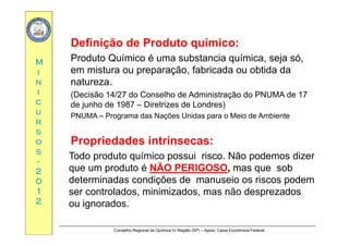 D fi i ã d P d t í i
MM
Definição de Produto químico:
Produto Químico é uma substancia química, seja só,
i t ã f b i d btid dii
nn
ii
em mistura ou preparação, fabricada ou obtida da
natureza.
(Decisão 14/27 do Conselho de Administração do PNUMA de 17
cc
uu
rr
(Decisão 14/27 do Conselho de Administração do PNUMA de 17
de junho de 1987 – Diretrizes de Londres)
PNUMA – Programa das Nações Unidas para o Meio de Ambiente
rr
ss
oo
ss
Propriedades intrínsecas:
ss
--
22
00
Todo produto químico possui risco. Não podemos dizer
que um produto é NÃO PERIGOSO, mas que sob
determinadas condições de manuseio os riscos podem00
11
22
determinadas condições de manuseio os riscos podem
ser controlados, minimizados, mas não desprezados
ou ignorados.
Conselho Regional de Química IV Região (SP) – Apoio: Caixa Econômica Federal
ou ignorados.
 