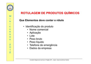 MM
ROTULAGEM DE PRODUTOS QUÍMICOSROTULAGEM DE PRODUTOS QUÍMICOS
ii
nn
ii
Que Elementos deve conter o rótulo
cc
uu
rr
• Identificação do produto
• Nome comercial
A li ãrr
ss
oo
ss
• Aplicação
• Lote
• Peso brutoss
--
22
00
Peso bruto
• Peso líquido
• Telefone de emergência
00
11
22
• Dados da empresa
Conselho Regional de Química IV Região (SP) – Apoio: Caixa Econômica Federal
 