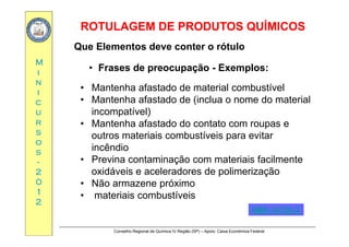ROTULAGEM DE PRODUTOS QUÍMICOSROTULAGEM DE PRODUTOS QUÍMICOS
MM
Que Elementos deve conter o rótulo
• Frases de preocupação Exemplos:ii
nn
ii
• Frases de preocupação - Exemplos:
• Mantenha afastado de material combustível
cc
uu
rr
• Mantenha afastado de (inclua o nome do material
incompatível)
• Mantenha afastado do contato com roupas err
ss
oo
ss
• Mantenha afastado do contato com roupas e
outros materiais combustíveis para evitar
incêndioss
--
22
00
• Previna contaminação com materiais facilmente
oxidáveis e aceleradores de polimerização
N ó i00
11
22
• Não armazene próximo
• materiais combustíveis
NBRNBR 1472514725 33
Conselho Regional de Química IV Região (SP) – Apoio: Caixa Econômica Federal
NBRNBR--1472514725--33
 