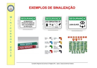 EXEMPLOS DE SINALIZAÇÃOEXEMPLOS DE SINALIZAÇÃO
MM
ii
nn
ii
cc
uu
rrrr
ss
oo
ssss
--
22
0000
11
22
Conselho Regional de Química IV Região (SP) – Apoio: Caixa Econômica Federal
 
