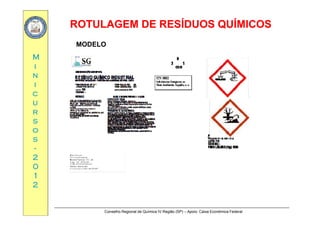 ROTULAGEM DE RESÍDUOS QUÍMICOSROTULAGEM DE RESÍDUOS QUÍMICOS
MM
MODELO
ii
nn
ii
cc
uu
rrrr
ss
oo
ssss
--
22
0000
11
22
Conselho Regional de Química IV Região (SP) – Apoio: Caixa Econômica Federal
 