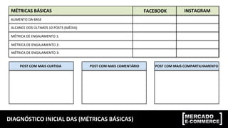 DIAGNÓSTICO	INICIAL	DAS	(MÉTRICAS	BÁSICAS)	
FACEBOOK	 INSTAGRAM	
AUMENTO	DA	BASE	
ALCANCE	DOS	ÚLTIMOS	10	POSTS	(MÉDIA)	
MÉTRICA	DE	ENGAJAMENTO	2:	
MÉTRICA	DE	ENGAJAMENTO	1:	
MÉTRICAS	BÁSICAS	
POST	COM	MAIS	CURTIDA	 POST	COM	MAIS	COMENTÁRIO	 POST	COM	MAIS	COMPARTILHAMENTO	
MÉTRICA	DE	ENGAJAMENTO	3:	
 