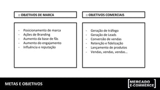 METAS	E	OBJETIVOS	
::	OBJETIVOS	DE	MARCA	
-  Posicionamento	de	marca	
-  Ações	de	Branding	
-  Aumento	da	base	de	fãs	
-  Aumento	do	engajamento	
-  Influência	e	reputação	
::	OBJETIVOS	COMERCIAIS	
-  Geração	de	tráfego	
-  Geração	de	Leads	
-  Conversão	de	vendas	
-  Retenção	e	fidelização	
-  Lançamento	de	produtos	
-  Vendas,	vendas,	vendas…	
 