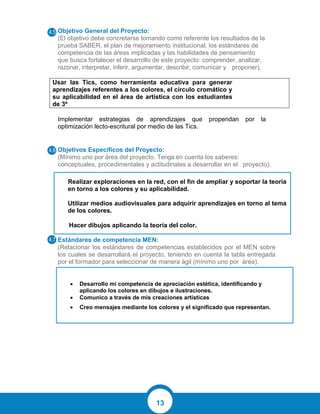 13
Objetivo General del Proyecto:
(El objetivo debe concretarse tomando como referente los resultados de la
prueba SABER, el plan de mejoramiento institucional, los estándares de
competencia de las áreas implicadas y las habilidades de pensamiento
que busca fortalecer el desarrollo de este proyecto: comprender, analizar,
razonar, interpretar, inferir, argumentar, describir, comunicar y proponer).
Usar las Tics, como herramienta educativa para generar
aprendizajes referentes a los colores, el círculo cromático y
su aplicabilidad en el área de artística con los estudiantes
de 3º
Implementar estrategias de aprendizajes que propendan por la
optimización lecto-escritural por medio de las Tics.
Objetivos Específicos del Proyecto:
(Mínimo uno por área del proyecto. Tenga en cuenta los saberes:
conceptuales, procedimentales y actitudinales a desarrollar en el proyecto).
Estándares de competencia MEN:
(Relacionar los estándares de competencias establecidos por el MEN sobre
los cuales se desarrollará el proyecto, teniendo en cuenta la tabla entregada
por el formador para seleccionar de manera ágil (mínimo uno por área).
Realizar exploraciones en la red, con el fin de ampliar y soportar la teoría
en torno a los colores y su aplicabilidad.
Utilizar medios audiovisuales para adquirir aprendizajes en torno al tema
de los colores.
Hacer dibujos aplicando la teoría del color.
 Desarrollo mi competencia de apreciación estética, identificando y
aplicando los colores en dibujos e ilustraciones.
 Comunico a través de mis creaciones artísticas
 Creo mensajes mediante los colores y el significado que representan.
 