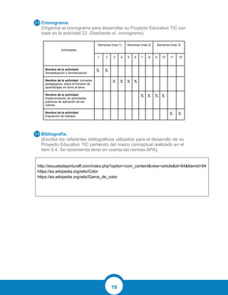 19
Cronograma.
(Organice el cronograma para desarrollar su Proyecto Educativo TIC con
base en la actividad 22: Diseñando el cronograma).
Actividades
Semanas (mes 1) Semanas (mes 2) Semanas (mes 3)
1 2 3 4 5 6 7 8 9 10 11 12
Nombre de la actividad:
Sensibilización y familiarización
X X
Nombre de la actividad: Jornadas
pedagógicas, sobre el fomento de
aprendizajes en torno al tema
X X X X
Nombre de la actividad:
Implementación de actividades
prácticas de aplicación de los
colores
X X X X
Nombre de la actividad:
Exposición de trabajos
X X
Bibliografía.
(Escriba los referentes bibliográficos utilizados para el desarrollo de su
Proyecto Educativo TIC partiendo del marco conceptual realizado en el
ítem 5.4. Se recomienda tener en cuenta las normas APA).
http://escueladepinturaff.com/index.php?option=com_content&view=article&id=64&Itemid=84
https://es.wikipedia.org/wiki/Color
https://es.wikipedia.org/wiki/Gama_de_color
 